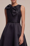 A Line Black Round Neck Midi Formal Dress with Bow