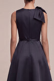 A Line Black Round Neck Midi Formal Dress with Bow