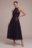 A Line Sparkly Black Halter Neck Long Black Tie Dress