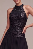 A Line Sparkly Black Halter Neck Long Black Tie Dress