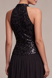 A Line Sparkly Black Halter Neck Long Black Tie Dress