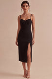 Black Sheath Spaghetti Straps Midi Cocktail Dress with Slit