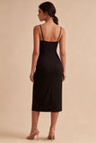 Black Sheath Spaghetti Straps Midi Cocktail Dress with Slit