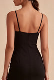 Black Sheath Spaghetti Straps Midi Cocktail Dress with Slit