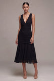 V Neck Black A Line Midi Formal Dress