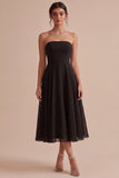 A Line Strapless Backless Midi Black Formal Dress