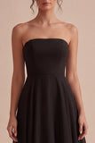 A Line Strapless Backless Midi Black Formal Dress