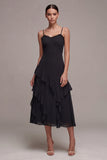 Ruffled Spaghetti Straps A Line Long Black Tie Dress