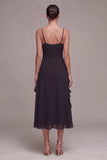 Ruffled Spaghetti Straps A Line Long Black Tie Dress