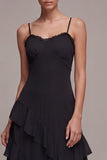 Ruffled Spaghetti Straps A Line Long Black Tie Dress