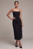 Sheath Black Ruched Spaghetti Straps Long Black Tie Dress