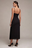 Sheath Black Ruched Spaghetti Straps Long Black Tie Dress