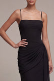 Sheath Black Ruched Spaghetti Straps Long Black Tie Dress