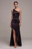 Satin Black Mermaid Long Formal Dress with Slit