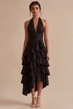 Tiered Ruffled A Line Halter Neck Black High Low Cocktail Dress