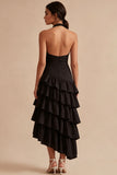 Tiered Ruffled A Line Halter Neck Black High Low Cocktail Dress