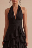 Tiered Ruffled A Line Halter Neck Black High Low Cocktail Dress