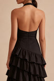 Tiered Ruffled A Line Halter Neck Black High Low Cocktail Dress