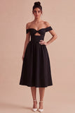 Black Off the Shoulder A Line Midi Cocktail Dress