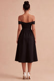 Black Off the Shoulder A Line Midi Cocktail Dress