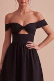 Black Off the Shoulder A Line Midi Cocktail Dress