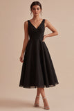Black V Neck Backless Midi Cocktail Dress