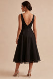 Black V Neck Backless Midi Cocktail Dress