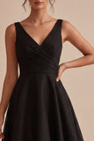 Black V Neck Backless Midi Cocktail Dress