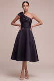 One Shoulder A Line Little Black Dress with Bow