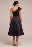 One Shoulder A Line Little Black Dress with Bow