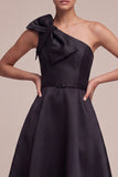 One Shoulder A Line Little Black Dress with Bow