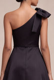 One Shoulder A Line Little Black Dress with Bow