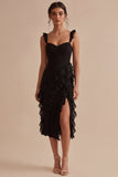 Ruffled Black Spaghetti Straps Midi Black Cocktail Dress with Slit