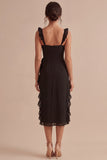 Ruffled Black Spaghetti Straps Midi Black Cocktail Dress with Slit