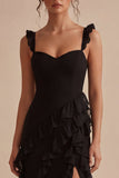 Ruffled Black Spaghetti Straps Midi Black Cocktail Dress with Slit