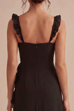 Ruffled Black Spaghetti Straps Midi Black Cocktail Dress with Slit