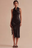 Halter Neck Black Satin Ruffled Midi Semi Formal Dress with Slit