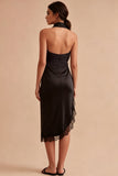 Halter Neck Black Satin Ruffled Midi Semi Formal Dress with Slit