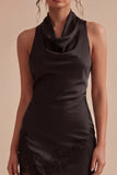 Halter Neck Black Satin Ruffled Midi Semi Formal Dress with Slit