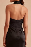 Halter Neck Black Satin Ruffled Midi Semi Formal Dress with Slit