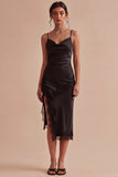 Spaghetti Straps Black Ruffled Midi Semi Formal Dress with Slit