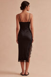 Spaghetti Straps Black Ruffled Midi Semi Formal Dress with Slit