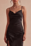 Spaghetti Straps Black Ruffled Midi Semi Formal Dress with Slit