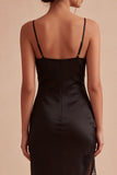 Spaghetti Straps Black Ruffled Midi Semi Formal Dress with Slit