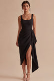 Thick Straps Ruched Sheath Black Midi Cocktail Dress with Slit