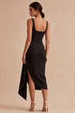 Thick Straps Ruched Sheath Black Midi Cocktail Dress with Slit