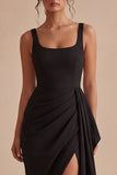 Thick Straps Ruched Sheath Black Midi Cocktail Dress with Slit