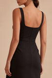 Thick Straps Ruched Sheath Black Midi Cocktail Dress with Slit