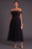 Off the Shoulder A Line Pleated Black Long Formal Dress