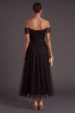 Off the Shoulder A Line Pleated Black Long Formal Dress